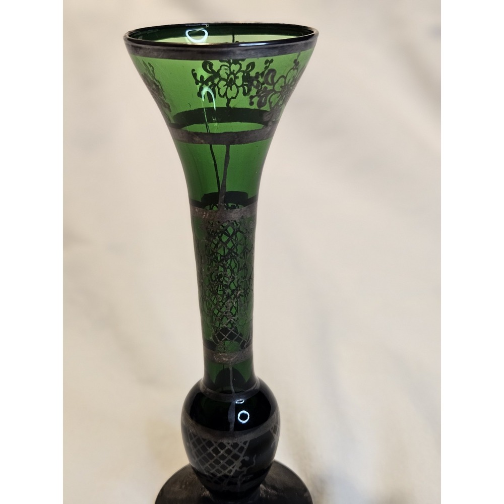 Bohemian Emerald Green Glass Silver Overlay Bud or Weed Vase - Beautiful - Picture 4 of 16